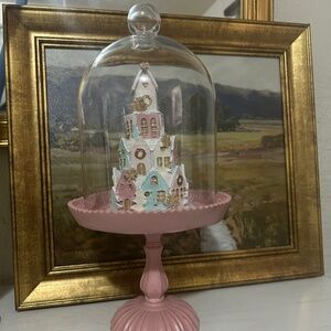 34th Pine Pastel pink gingerbread house Hearts in dome cloche display Christmas